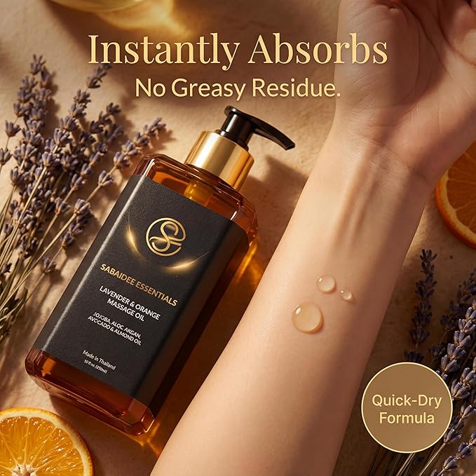 Aromatherapy Massage Oil - Lavender Oil & Orange 10 Fl Oz - Thai Body Oil for Massage Therapy with Jojoba, Avocado, Argan, Aloe, Almond - Relaxing Body Care & Self-Care