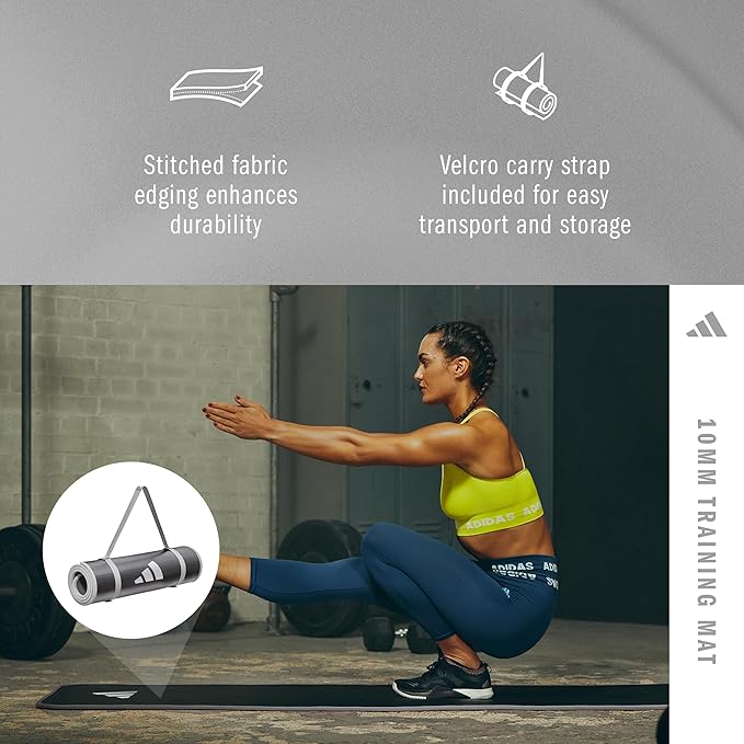 adidas 10mm Extra Thick Training Mat with Carrying Strap and Non-Slip Textured Base - Cushioned Workout Mat for Home Gym, Floor Workouts, and Intense Exercises - Portable and Durable
