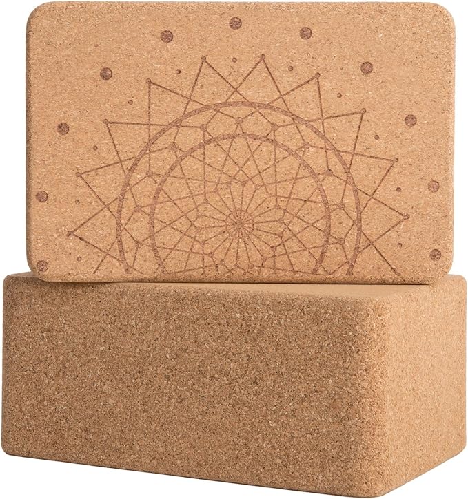 Cork Wood Yoga Blocks with Premium Designs, 2 Pack