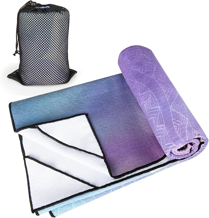 Colorful Star Yoga Towel with Corner Pockets, Non Slip Grip Dots Sweat Absorbent Hot Yoga Mat Towels, Yoga Blankets with Travel Bag, Mat Cover for Workout, Gym, Fitness - 70"x26", Purple Blue Lotus