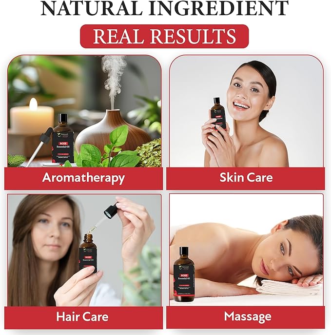 Rose Essential Oil | Pure Aromatherapy Oil for Diffusers, Hair Growth, Skin, Scalp Care, Massage | Refreshing Hair Oil for Women & Men | Natural Essential Oil for Diffuser | 4 Fl Oz (120 mL)