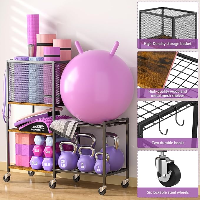 Dumbbell Rack, Yoga Mat Storage Holder, Home Gym Storage Rack, Workout Equipment Storage Organizer, Weight Storage Holder Rack with Hooks and Wheels