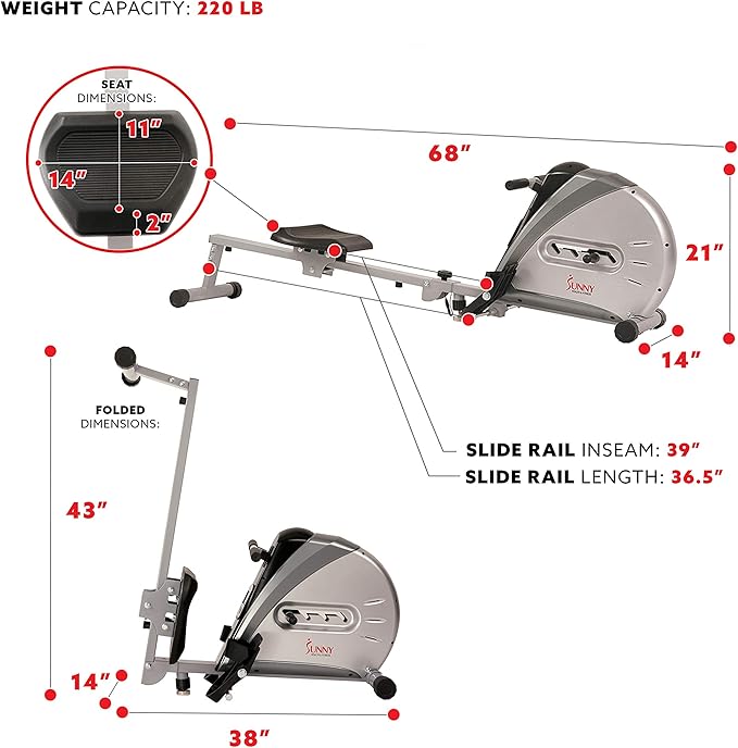 Sunny Health & Fitness Rowing Machine Rower Ergometer with Digital Monitor, Inclined Slide Rail, 220 LB Max Weight and Foldable - SF-RW5606