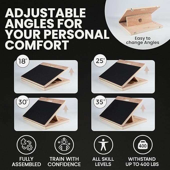 17″ Wide, Premium Portable Wooden Slant Board, Thicker Bottom, Squats & Calf Stretching – Professional Adjustable Calf Stretcher Slant Board, Exercise Guide & Bonus Muscle Roller, Physical Therapy