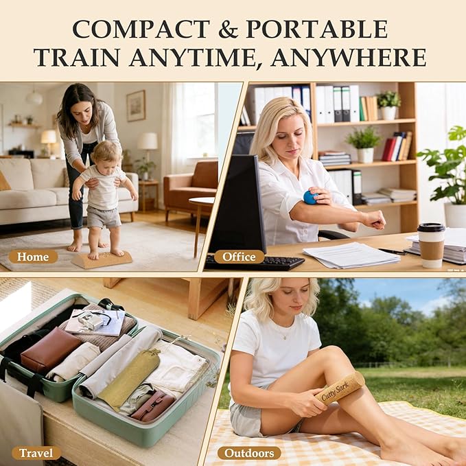 CuttySark Cork Balance Board 6-in-1 Foot & Ankle Strengthener Kit, Premium Natural Cork Balance Trainer + Massage Roller & Ball+Toe brace + yoga resistance band&Carry Bag - Professionally designed to enhance balance, stability, and foot strength, Impro...