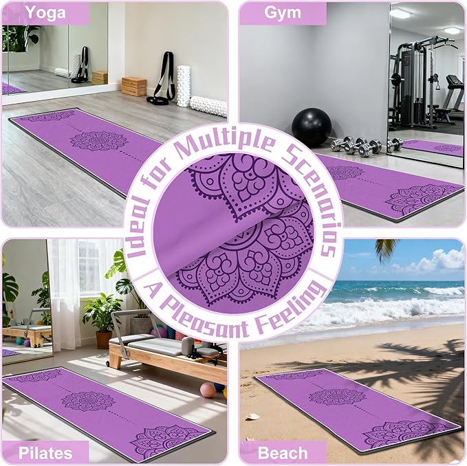 Yoga Towel, Absorbent Yoga Mat Towel for Hot Yoga Non Slip, Stylish Prints, Ideal for Workouts, Hot Yoga, Bikram, Pilates Equipment,72 x 27 in,Purple Mandala