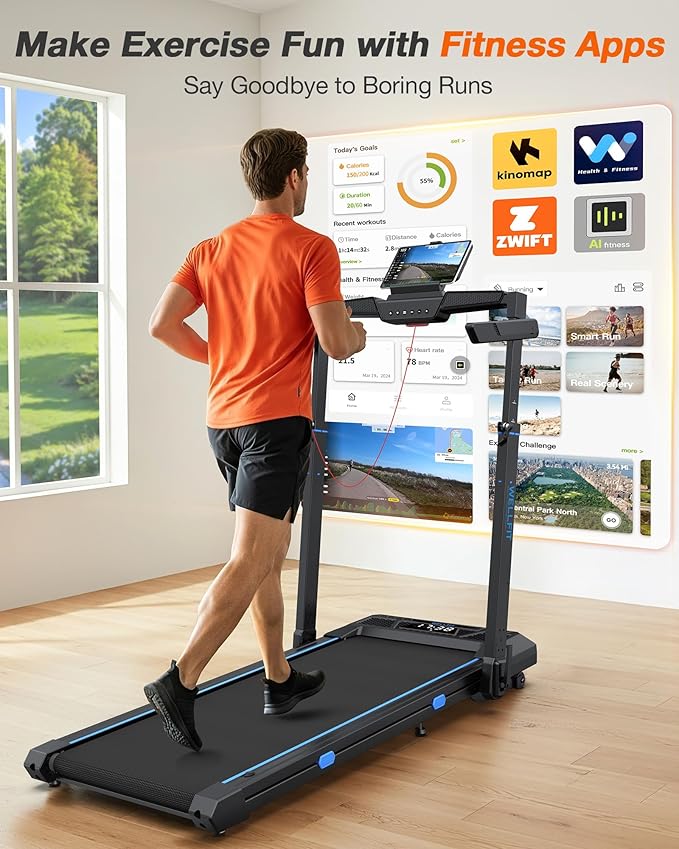 WELLFIT Treadmill with Auto Incline, 4 in 1 Foldable Treadmills for Home with Adjustable Height, 3.5HP Quiet Under Desk Treadmill, 350 LBS Capacity Portable Walking Pad with App, Space-Saving Design