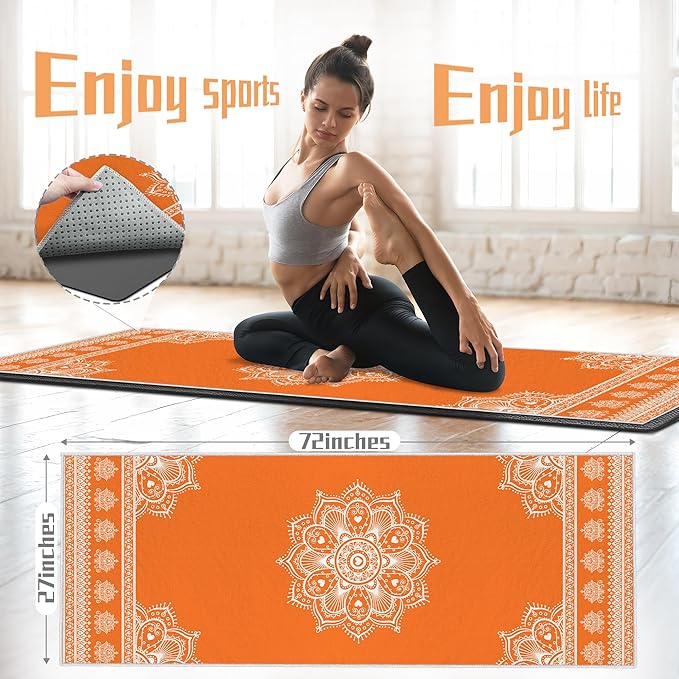 Yoga Towel,Absorbent Yoga Mat Towel for Hot Yoga Non Slip,Stylish Prints,Ideal for Workouts,Hot Yoga,Bikram,Pilates Equipment,72 x 27 in,Orange Mandala