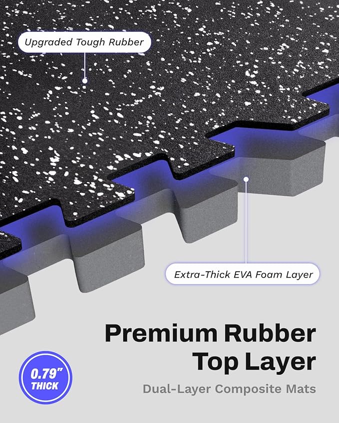 AIRHOP 0.79in Thick 72 Sq Ft Exercise Equipment Mats, 18 Tiles Upgraded Rubber Top with High Density EVA Foam, Large Interlocking Puzzle Gym Flooring for Home Gym, Heavy Weight Workout,Black & White