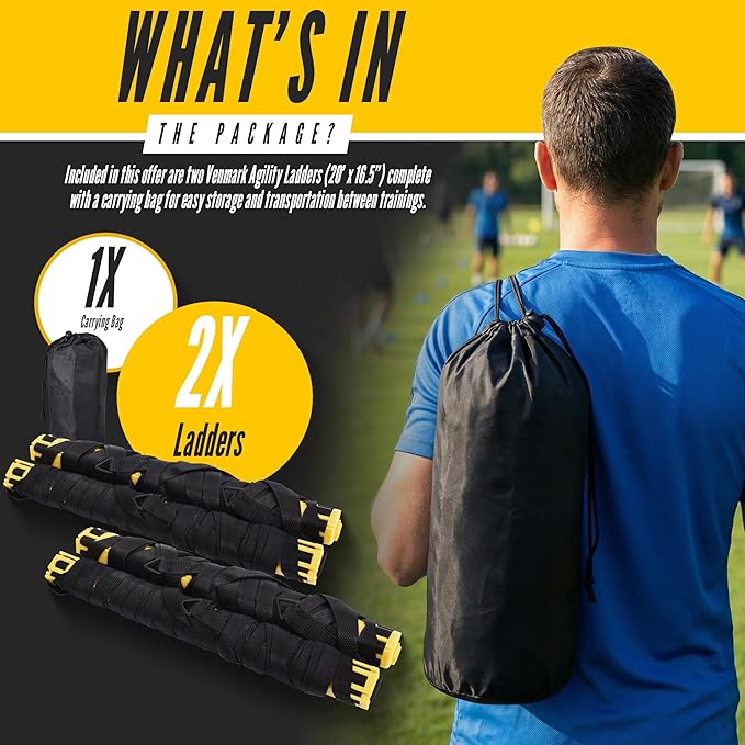 Agility Ladder, 2 Pack - Exercise and Training Ladder Set with Ground Stakes for Football, Soccer, Tennis, and More - Improves Speed & Fitness - Complete with Carrying Bag