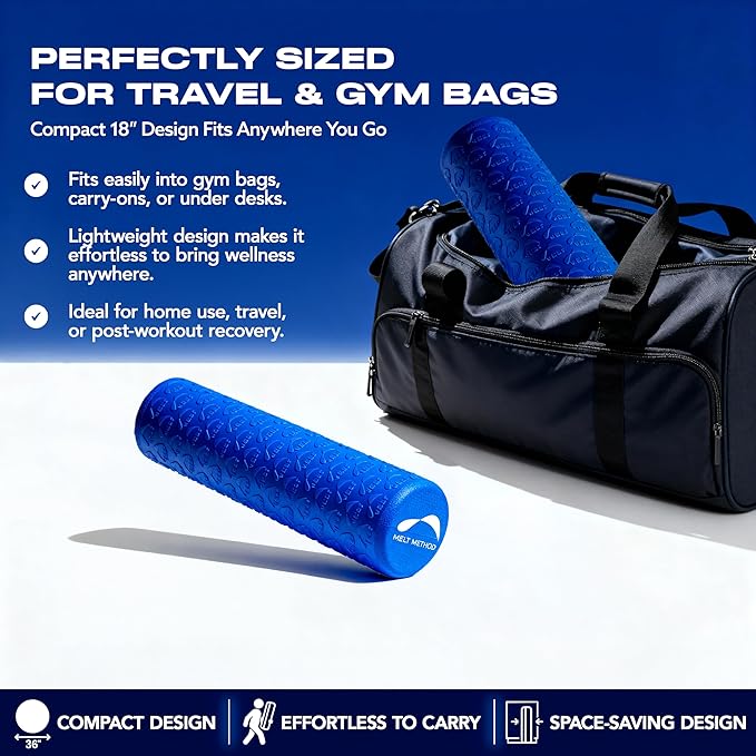 MELT Method 18 Inch Soft Travel Foam Roller w/FasciaTherapy - Low Density Travel Size Foam Roller for Physical Therapy, Muscle Recovery, Back Massage & Pilates - Half The Length of MELT Original