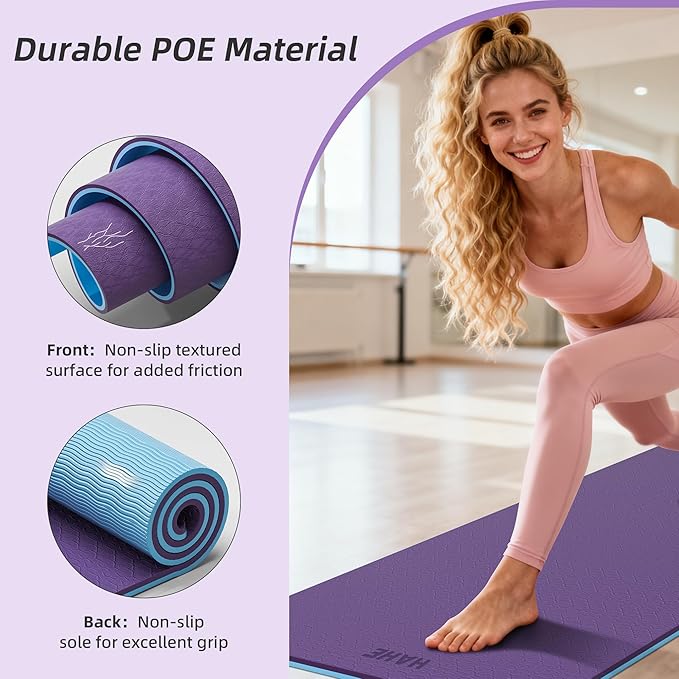HAHE Yoga Mat Thick, 72"x32"x0.4"Th (10mm), Wide Non-Slip Exercise Mat with Carry Strap, Double-Sided POE Fitness Mat for Yoga, Pilates & Floor Workouts