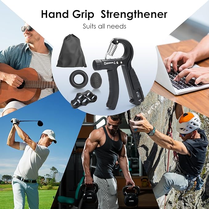 Grip Strength Trainer, Hand Gripper Strengthener Set 5-Pack: Adjustable Hand Gripper (2-Pack) with Click Counter, Finger Stretcher ，Stress Relief Grip Ball& Grip Ring 11-132 lbs Forearm Strengthener for Athletes, Rock Climbing, forearm strengthener