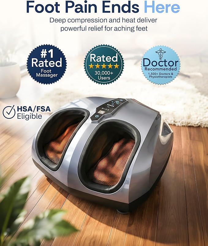 MIKO Foot Massager Machine with Deep-Kneading, Compression, Shiatsu, and Heat for Plantar Fasciitis, Neuropathy - Fits up to Men Size 12