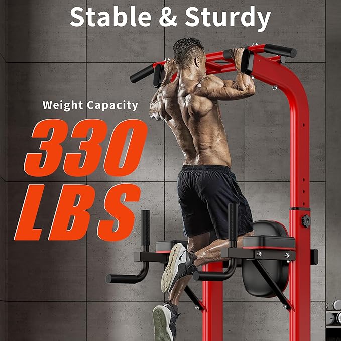 SogesHome Pull Up Bar and Dip Station, Heavy Duty 330LB Capacity Adjustable Home Gym Equipment for Strength Training, Multifunctional Push Up Bars for Arms, Back, Chest, Shoulders & Core Workout, Red