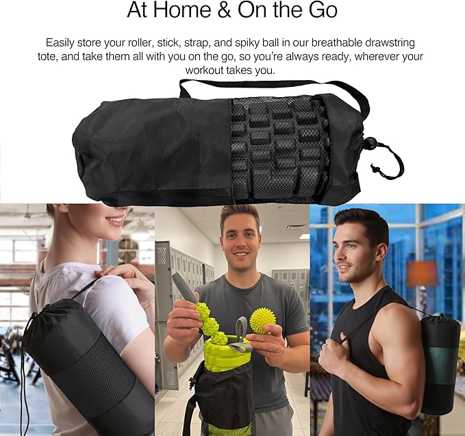 321 STRONG 5 in 1 Foam Roller Set with Hollow Core Deep Tissue Massager, Muscle Roller Stick, Stretching Strap, Spikey Plantar Fasciitis Ball, and Carry Bag, with 4K eBook
