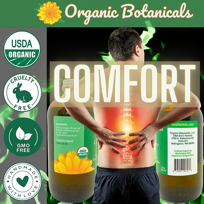 Pure Organic Comfrey Leaf Infused Oil - Skin Care for Joints, Back, Muscles, Fractures, Bruises, and Minor Wounds, Natural Herbal Body Massage Oil, Certified Organic (16 oz)