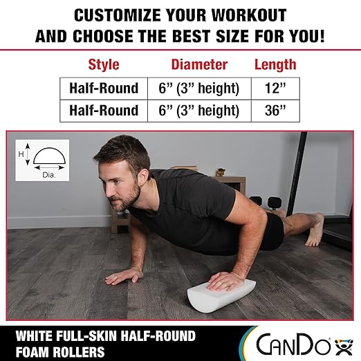 Cando-30-2341 Full-Skin PE Foam Roller For Muscle Restoration, Massage Therapy, Sport Recovery, And Physical Therapy. White, 6" x 12", Half-Round