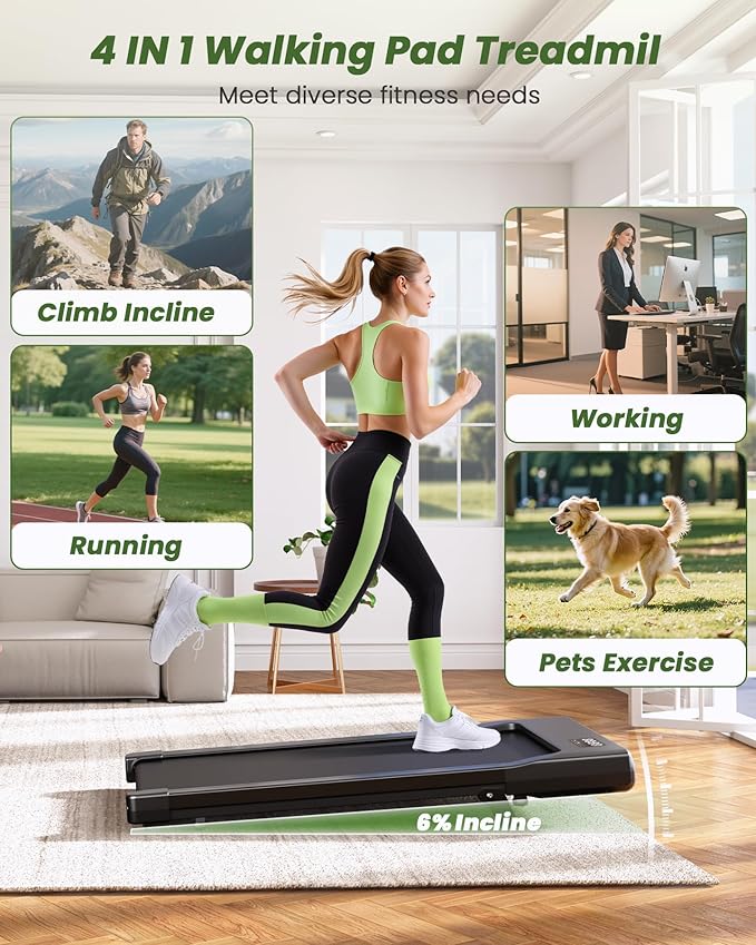 DeerRun Under Desk Walking Pad Treadmill for Home & Office, 6% Manual Incline, 0.6–3.8 MPH Walking Speed, 300 lb Capacity, App & Remote Control