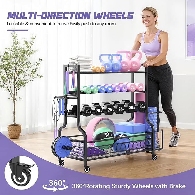 PARTPHONER Adjustable Dumbbell Rack, Weight Rack for Home Gym Storage, Home Gym Storage for Stores Dumbbells, Kettlebells and Yoga Mats, All in One Workout Storage Racks with Wheels and Hooks, Durable Powder Coated Steel