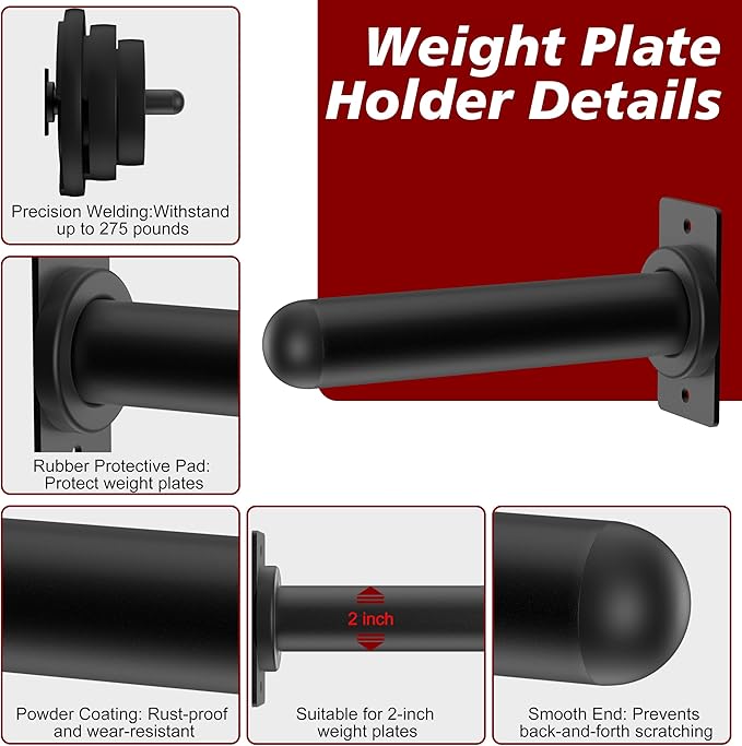 4 Pack Wall Mounted Weight Plate Holder and 1 Pack 2 Hooks Barbell Hanger, Weight Plate Holder for 2" Weight Plates, Vertical Barbell Holder With Protective Rubber Pad for Garage Home Gym