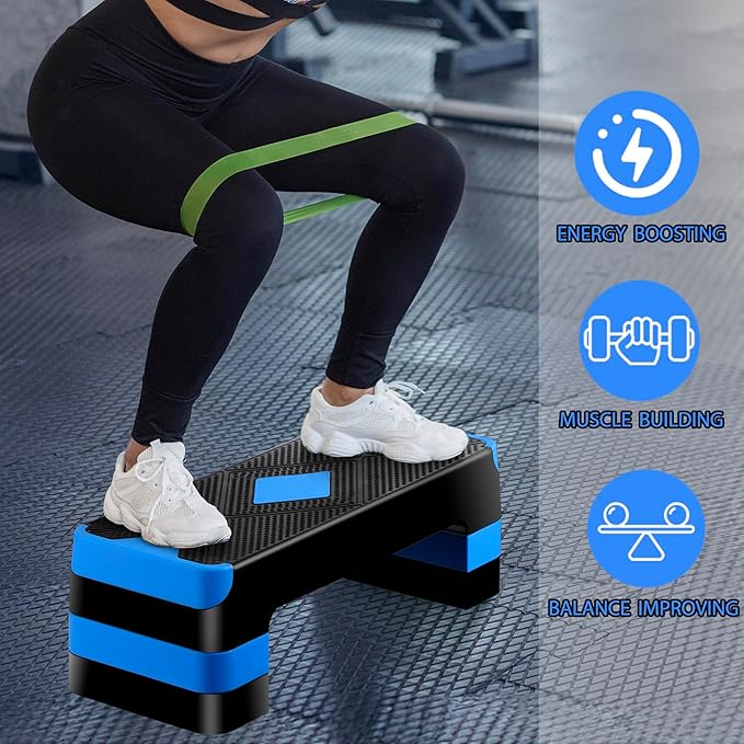 26.5 Inch Aerobic Exercise Step Platform for Home Gym, 4” 6” 8”Adjustable Risers for Step up Fitness Workout, Stepper Step Trainer, Green