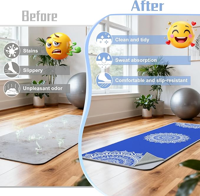 Yoga Towel,Absorbent Yoga Mat Towel for Hot Yoga Non Slip,Stylish Prints,Ideal for Workouts,Hot Yoga,Bikram,Pilates Equipment,72 x 27 in,Blue Mandala