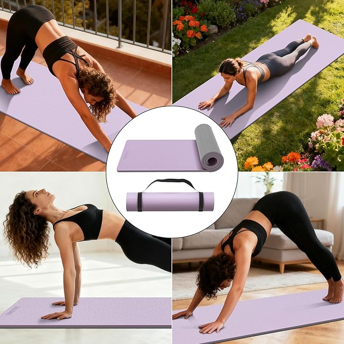 Extra Thick 12mm TPE Exercise Yoga Mat with Strap, 1/2 Inch Non-slip Workout Mat for gymnastics, Pilates, Home, Workout, Gym Floor Fitness