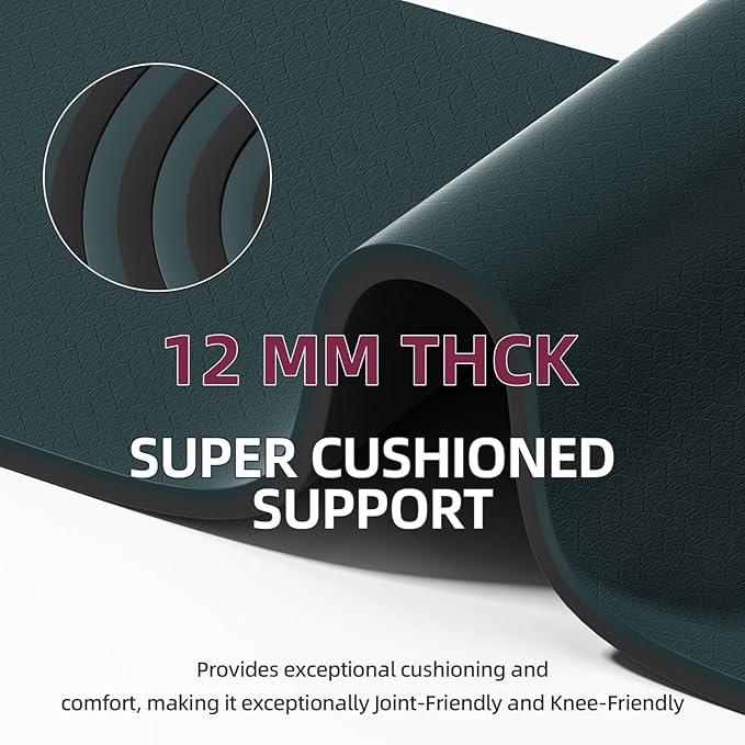 Extra Thick 12mm TPE Exercise Yoga Mat with Strap, 1/2 Inch Non-slip Workout Mat for gymnastics, Pilates, Home, Workout, Gym Floor Fitness