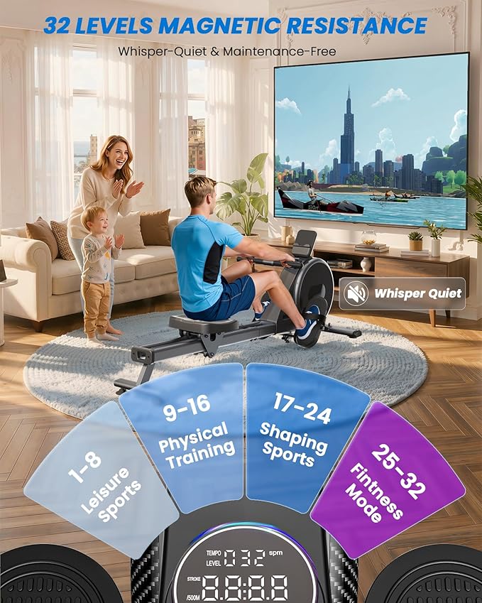 Magnetic Rower Machine, Whisper-Quiet Indoor Rowing Machine with 32-Level Tension, Space-Saving Foldable Design with Integrated Tablet Holder, Full Body Cardio Exercise Rower for Home Gym
