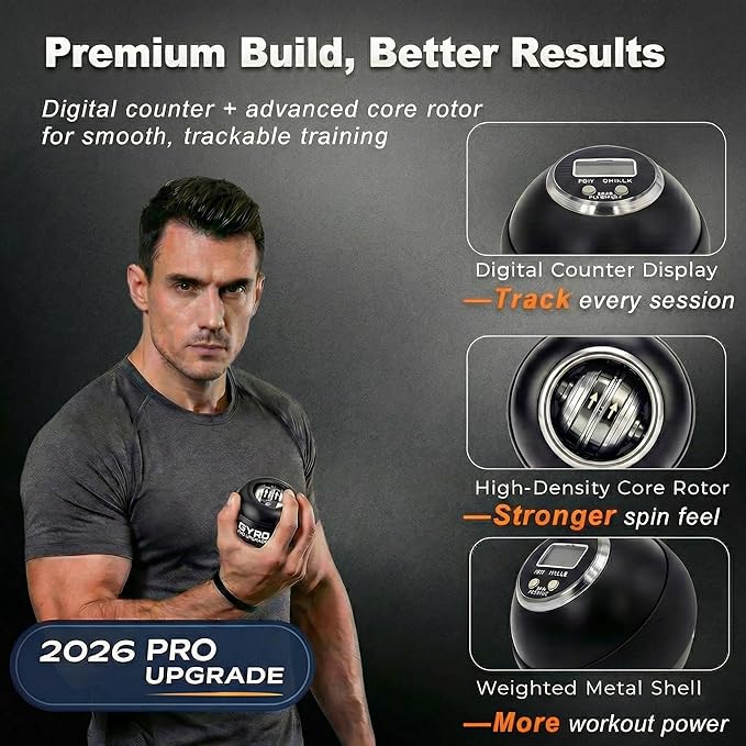 Torque Ball Hand Exerciser with Counter, 2026 Upgraded Metal Wrist Power Gyro Ball, Forearm Strengthener for Grip Strength, Gyroscopic Ball for Athletes, Gamers, Office Stress Relief