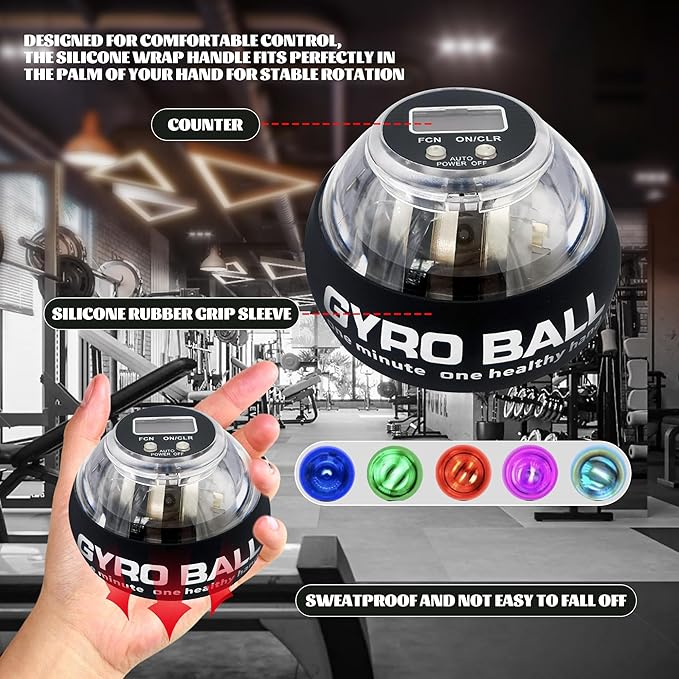 Torque Ball Hand Exerciser,Auto-Start Gyroscopic Forearm Exerciser Wrist Trainer Ball with Counter and LED Lights,Auto-Start Colorful Lighting,Compact and Portable,Designed for Fitness Enthusiasts and Office Workers