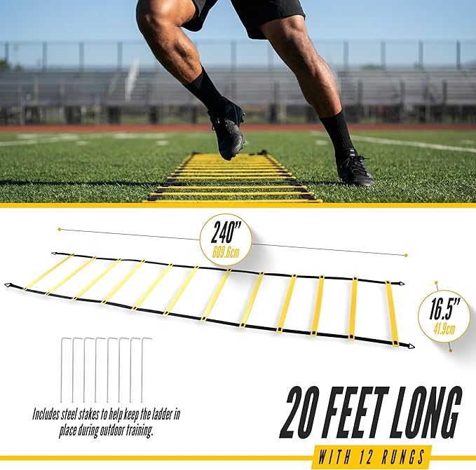 Agility Ladder, 2 Pack - Exercise and Training Ladder Set with Ground Stakes for Football, Soccer, Tennis, and More - Improves Speed & Fitness - Complete with Carrying Bag