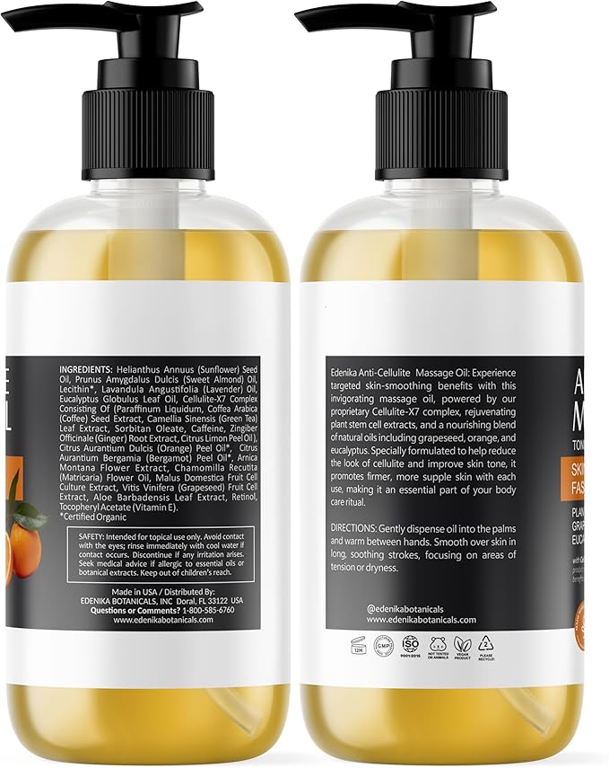 Firming Anti Cellulite Massage Oil, Grapeseed Oil, Caffeine, Plant Stem Cells & Retinol, Supports Tighter, Smoother-Looking Skin on Body, Legs, Thighs & Buttocks, 2-Pack