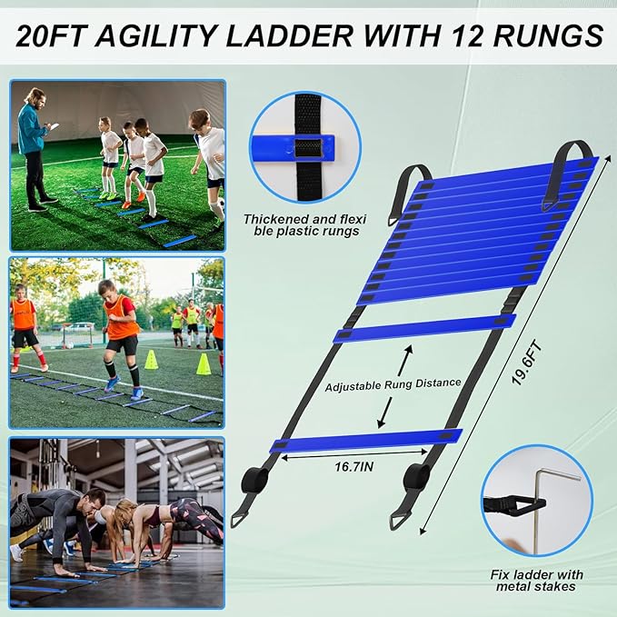 Speed Agility Training Equipment Set, Agility Ladder 20ft, 12 Football Cones, Resistance Parachute/Soccer Kick Trainer, Jump Rope, 5 Resistance Bands, Football Practice Equipment for Kids Adults