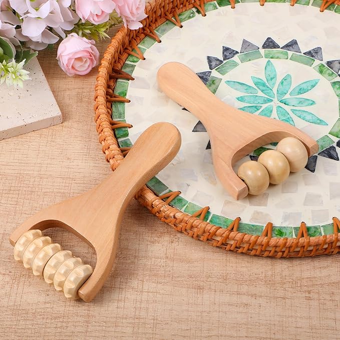 2pcs Wooden Massage Roller Handheld Manual Wood Therapy Massage Muscle Roller Foot Bead Massages Tool for Muscle Pain Relief Leg and Arm Tissue Relief