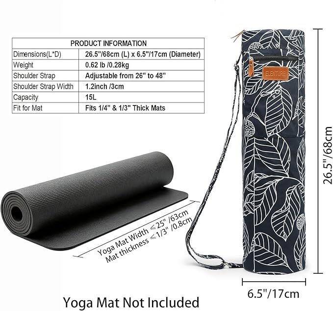 Canvas Yoga Mat Bag with Adjustable Strap & Pockets, Full-Zip Travel Gym Tote for Women & Men, Fits 1/4" & 1/3" Thick Mats, Lightweight Carrier for Yoga, Studio, Workout, Outdoor Use
