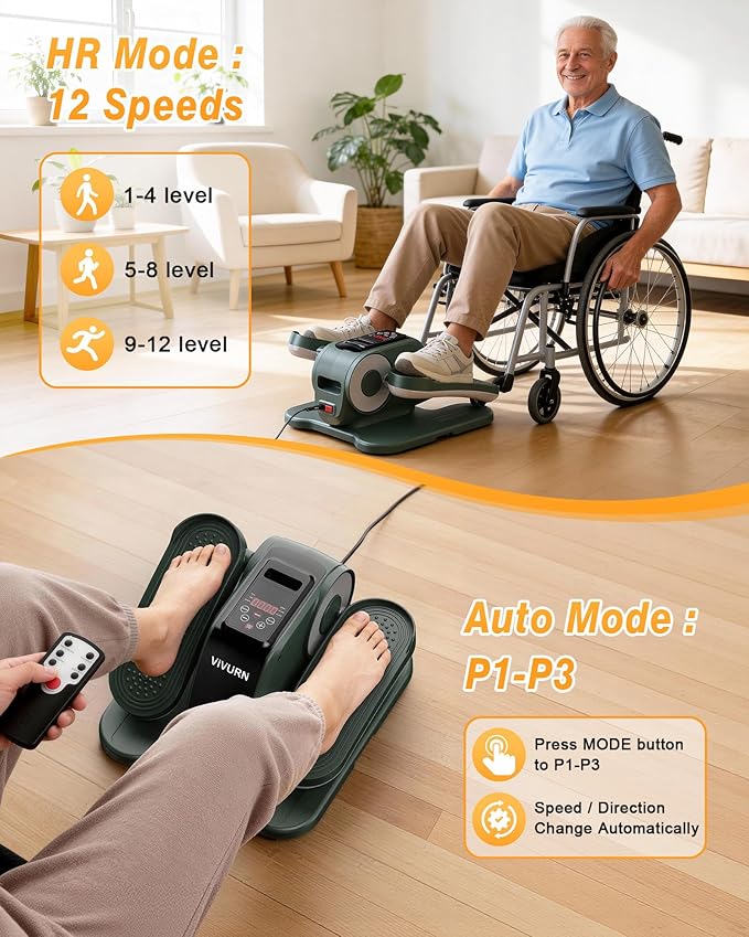 VIVURN-Upgraded Under Desk Elliptical, Leg Exerciser As Seen on TV, 12 Speeds Forward & Reverse Manual & Auto Mode, Electric Seated Pedal Exerciser with Non-Slip Mat, Quiet Operation for Home Office