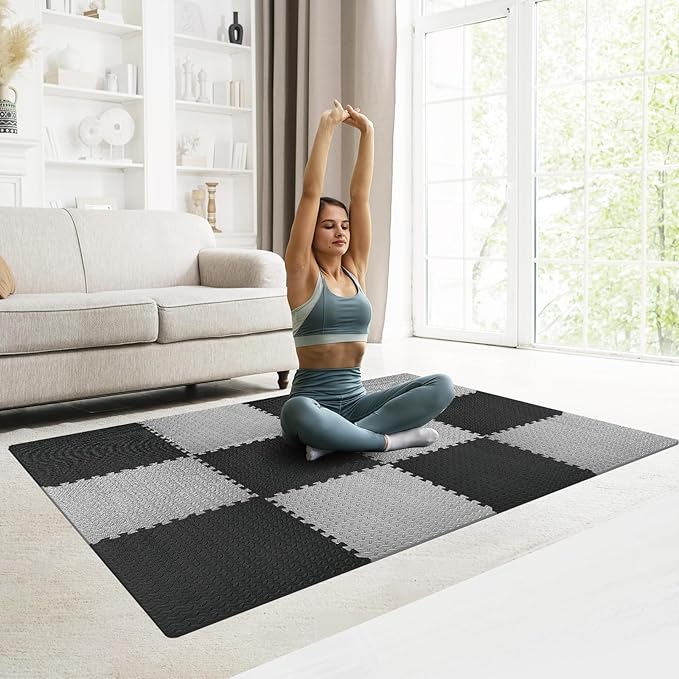 GWT Home Gym Flooring Tiles, EVA Interlocking Puzzle Exercise Mat for Workout Equipment, Floor Protection & Kids Play Area, Black Foam Tiles, 24"x24", 0.4 Inches Thick Covers 48 Sq Ft (12 Tiles)