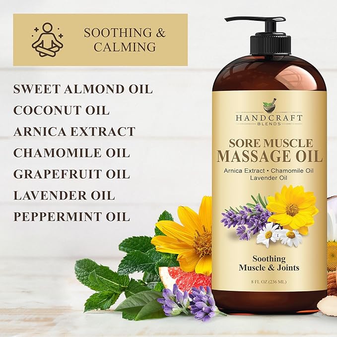 Handcraft Blends Sore Muscle Massage Oil 8 Fl Oz - Moisturizing Body Oil for Massage Therapy - Made with Arnica Extract, Chamomile, Lavender, Peppermint Oils