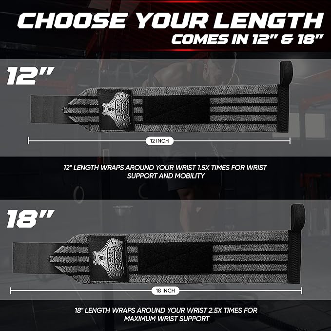 Bear Grips Wrist Wraps for Weightlifting | Weight Lifting Wrist Straps for Weightlifting | Extra Strength Gym Wrist Wraps | Two Wrist Wrap Per Pack | 12” & 18” | Lifting Wrist Wraps for Men & Women