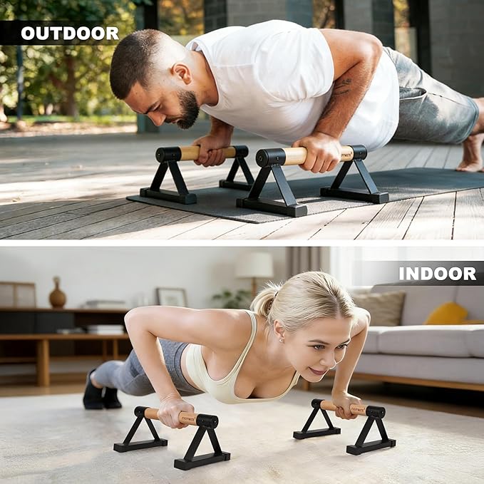 EVERYMATE Wood Push Up Bars Parallettes Bars with Rubber Feet, Anti-slip Handstand Bars for Calisthenics, Equipment for Home, Push Up Handles for Floor, Handstand Push Up Handles, Support 600 LB