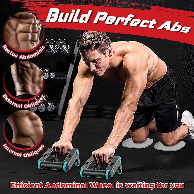 Ab Roller Wheel, 2-In-1 Exercise Roller Wheels, Push-Up Bar, Abdominal Exercise Machine, Ab Workout Equipment for Core Strength Training, Abs Exercise Roller with Knee Pad for Women Men Home Gym