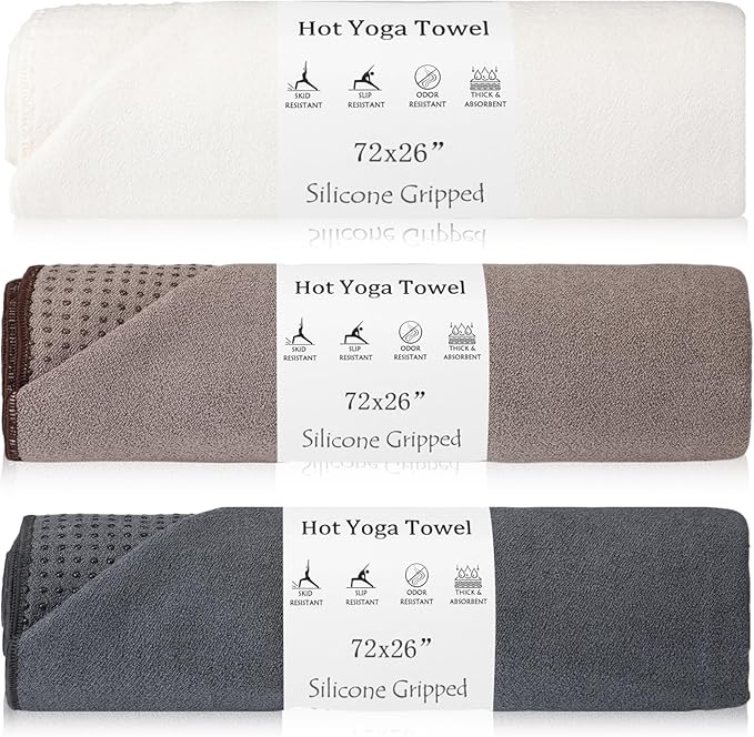 3 Pack Hot Yoga Towel Non Slip 72" x 26" Extra Large Microfiber Yoga Mat Towel with Grip Dot Absorbent Sweat Anti-Slip Mat Cover for Pilates Fitness(Beige Dark Gray Coffee)