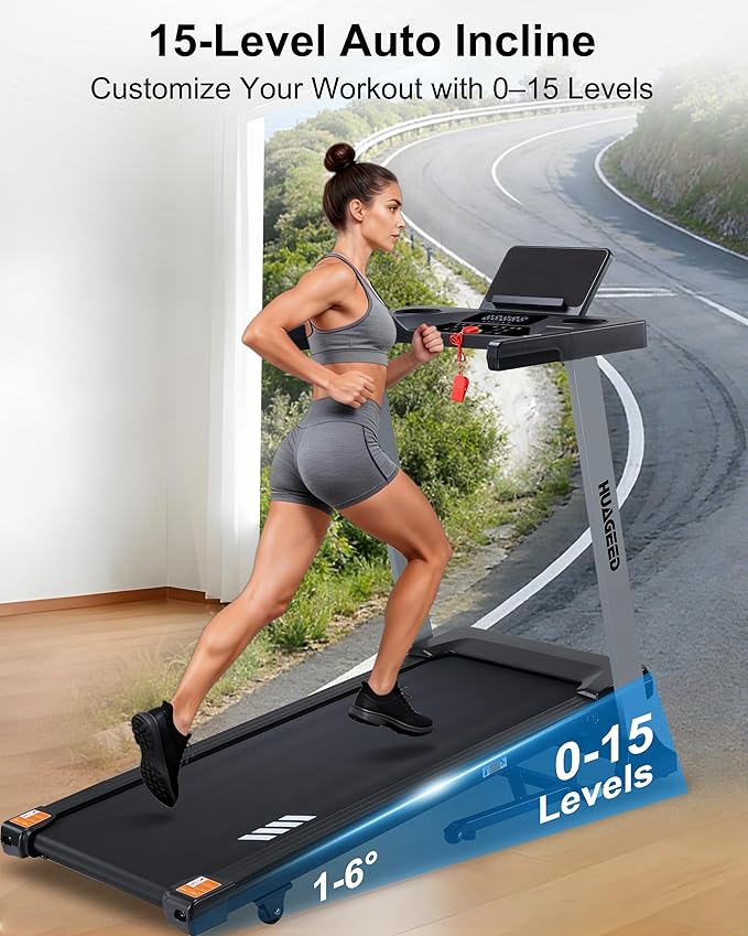 Treadmills for Home, 15-Level Auto Incline, 17.32" Wide Belt, 3.0HP, 0.6–10 MPH, 300 lb Capacity Folding Running Machine, 40 Preset Programs