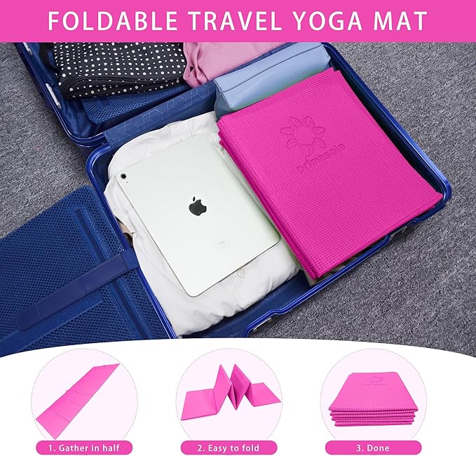 Primasole Folding Yoga Travel Pilates Mat Foldable Easy to Carry to Class Beach Park Tear resistant Travel Picnics 4mm Thick 9 Colors