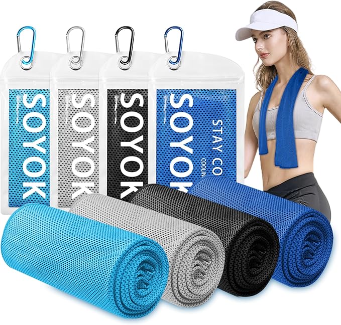 4 Packs Cooling Towel, 40" x 12" Microfiber Cooling Towels for Neck and Face, Soft Breathable Gym Towel for Working Out with Waterproof Bag & Carabiner, Sweat Towels for Travel, Yoga, Climb, Running