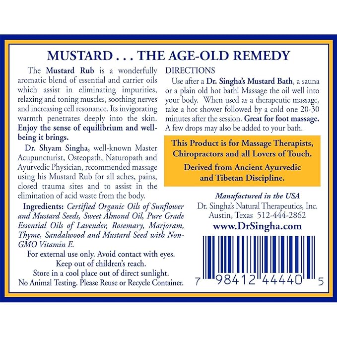 Dr. Singha's Mustard Rub, Original Ayurvedic Relaxing, Purifying, and Energizing Massage Oil - Made in USA, 6 oz