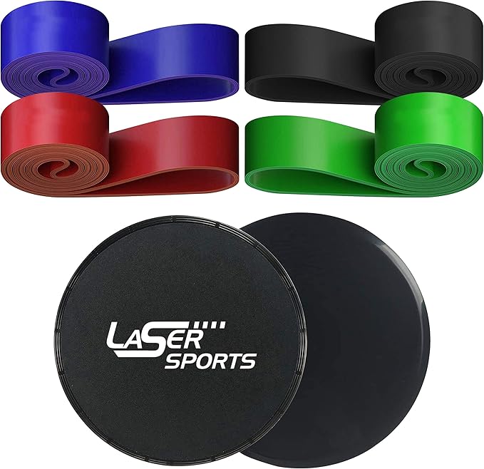 Laser Sports Dual‑Sided Exercise Sliding Discs with 4 Resistance Bands & Storage Bag – Core Sliders for Ab Workouts, Strength Training, Home Gym Fitness, Physical Therapy & Low‑Impact Exercise