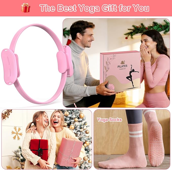 Pilates Ring Gift Set 15" Anti-Deformation Premium Magic Circle, 3 Resistance Bands, Yoga Ball & Anti-Slip Socks | Elegant Home Workout Kit for Women | Birthday/Anniversary Present